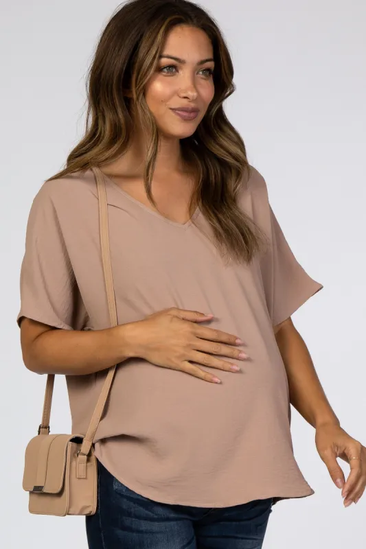 Taupe Short Sleeve Maternity Blouse sold by Pinkblush