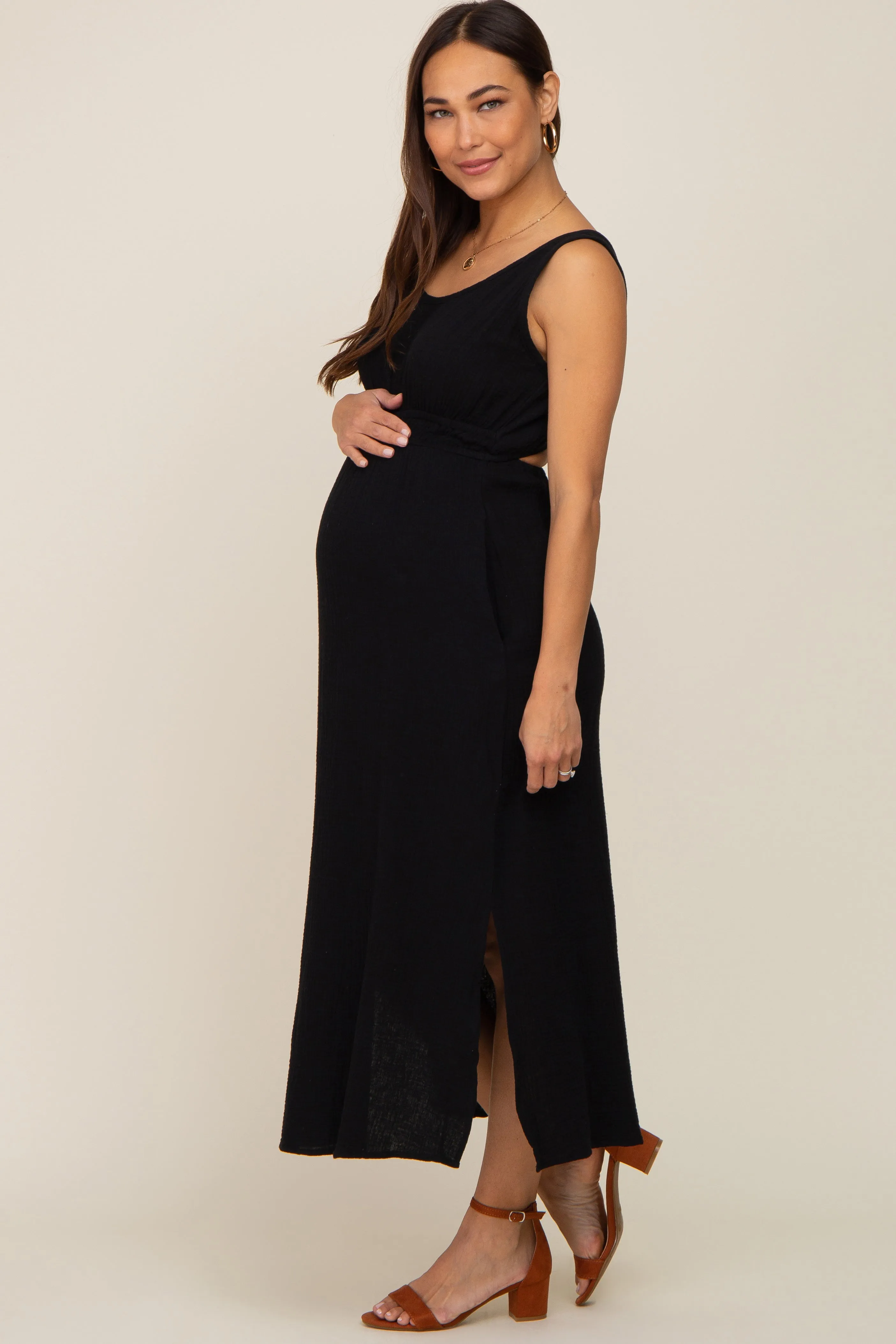 Black Lightweight Sleeveless Open Back Maternity Maxi Dress sold by Pinkblush product image thumbnail 2