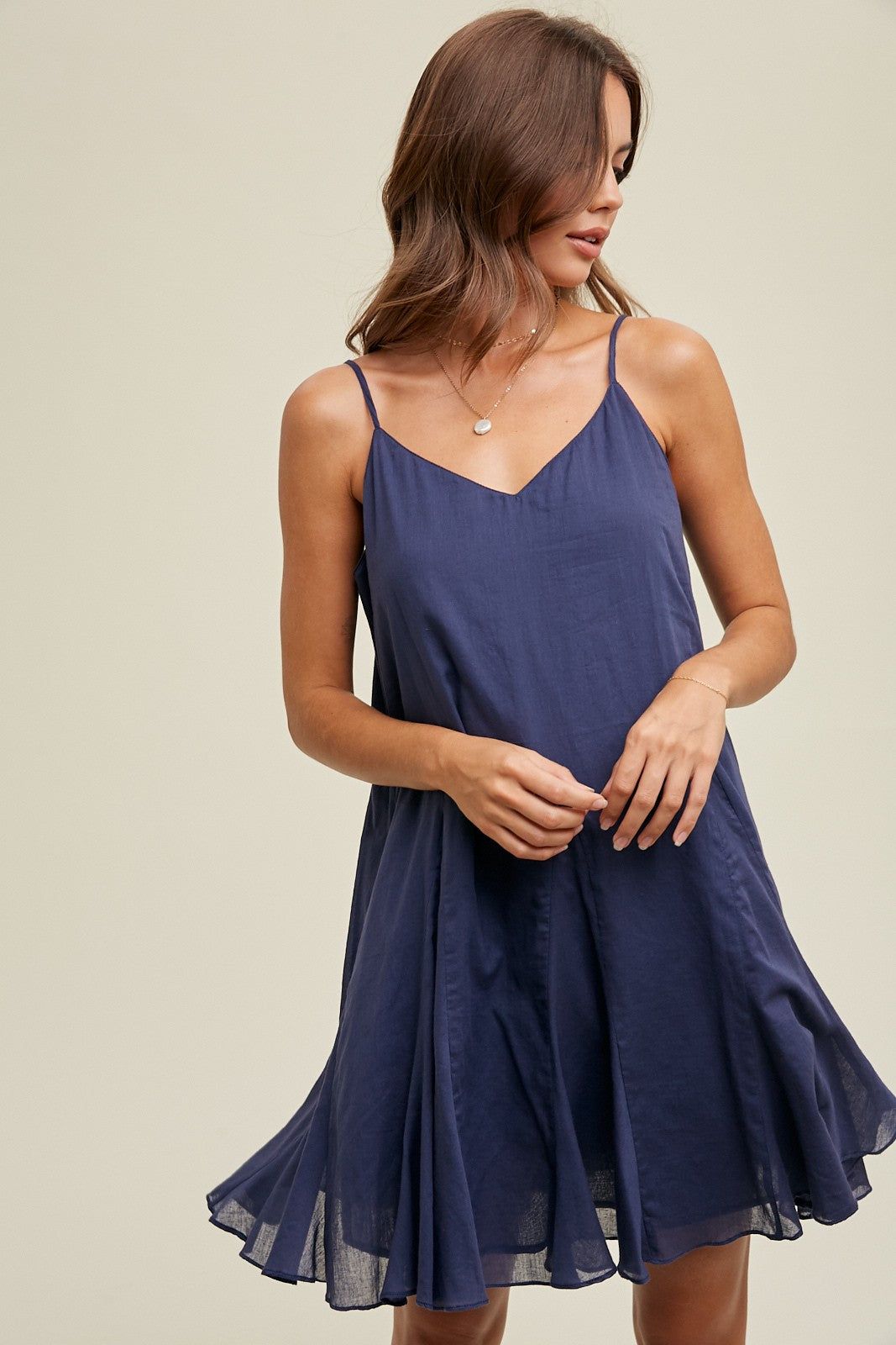 Navy Flared Detail Mini Dress sold by Pinkblush