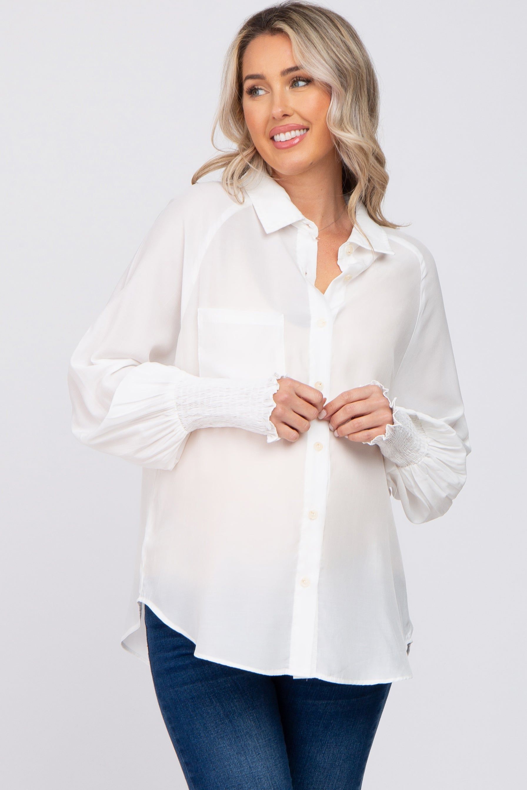 White Button Up Smocked Sleeve Maternity Top sold by Pinkblush