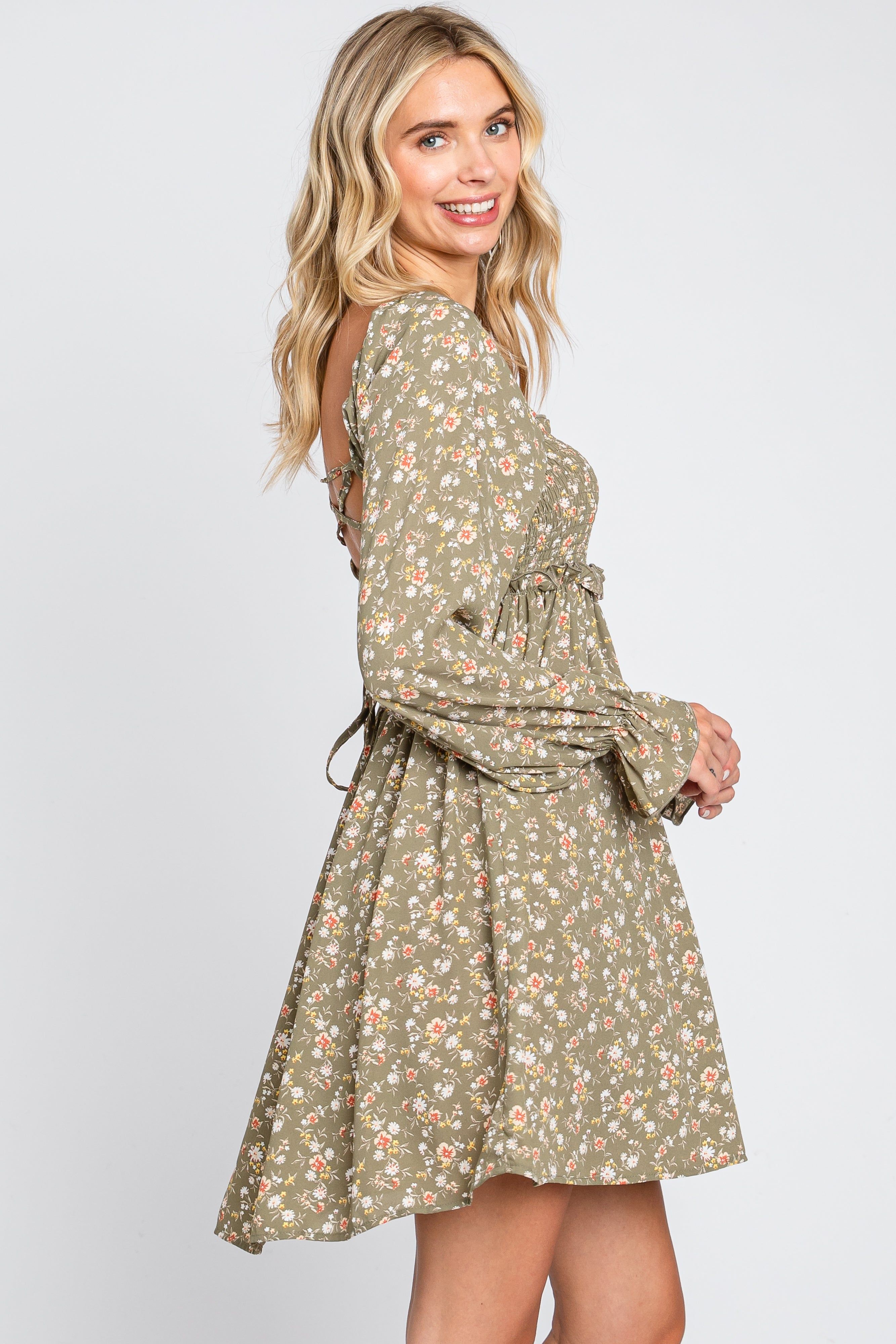 Light Olive Floral Smocked Lace Up Back Dress sold by Pinkblush product image thumbnail 3
