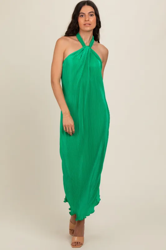 Green Knot Front Plisse Halter Midi Dress sold by Pinkblush