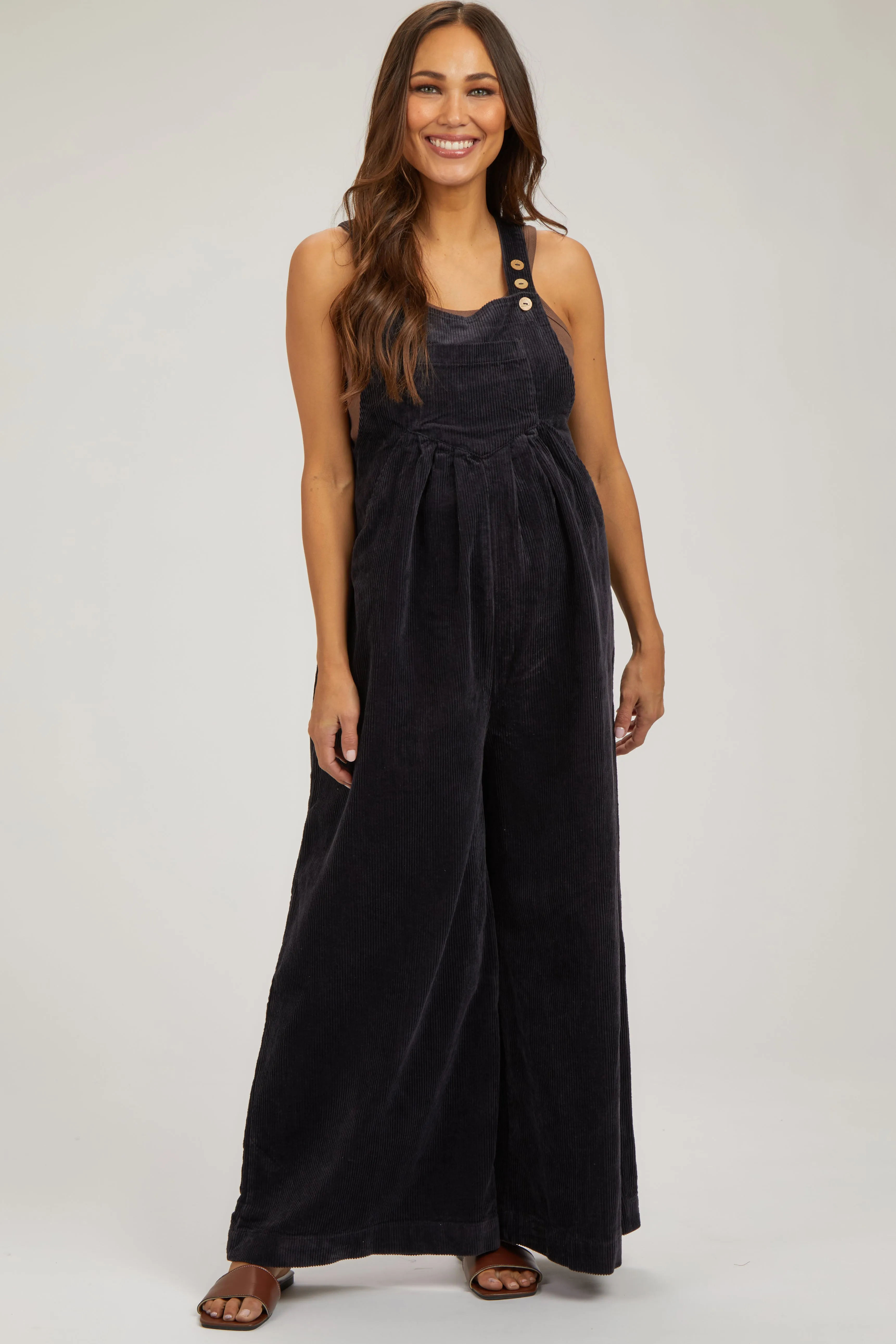 Charcoal Corduroy Maternity Wide Leg Overalls sold by Pinkblush