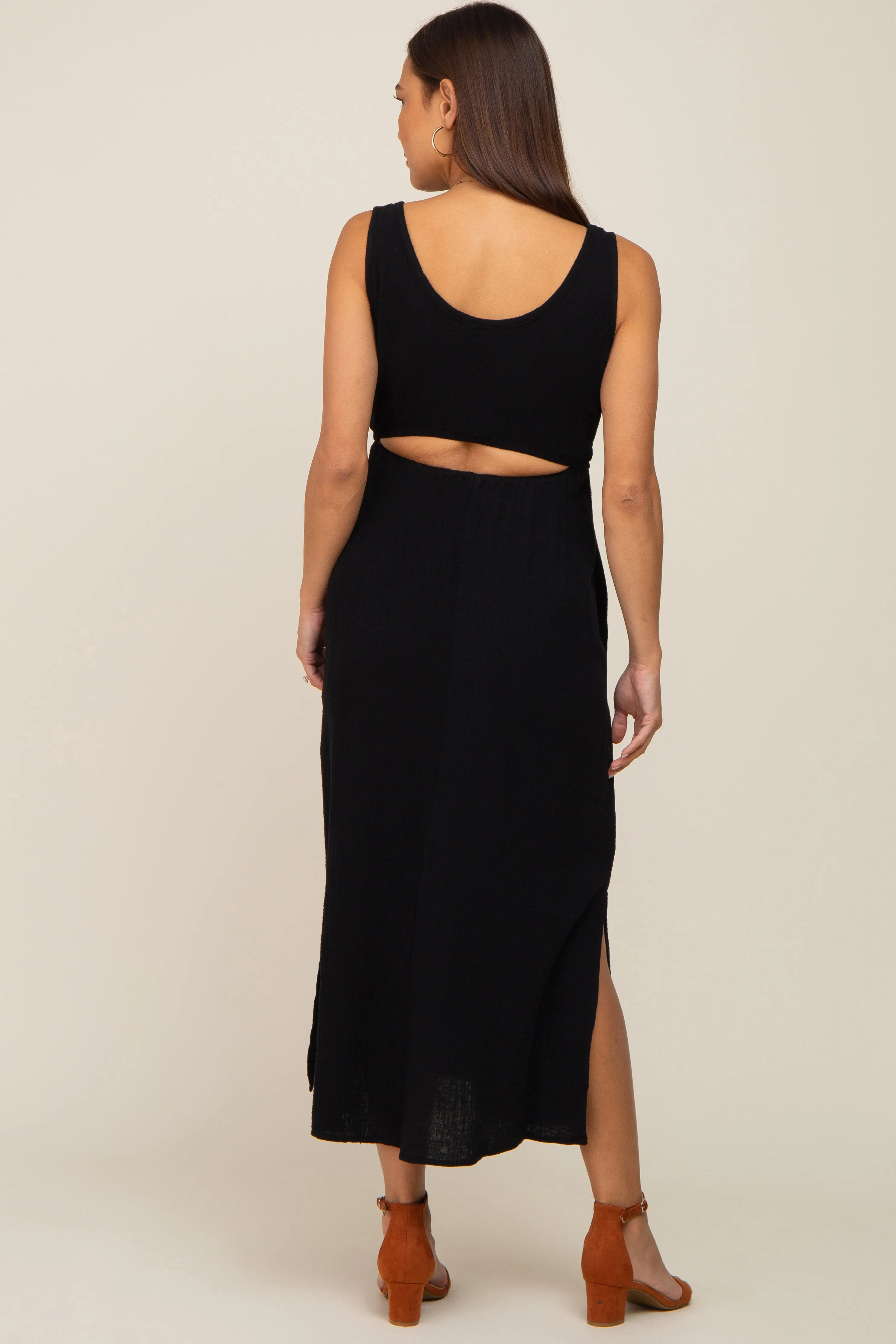 Black Lightweight Sleeveless Open Back Maternity Maxi Dress sold by Pinkblush product image thumbnail 3