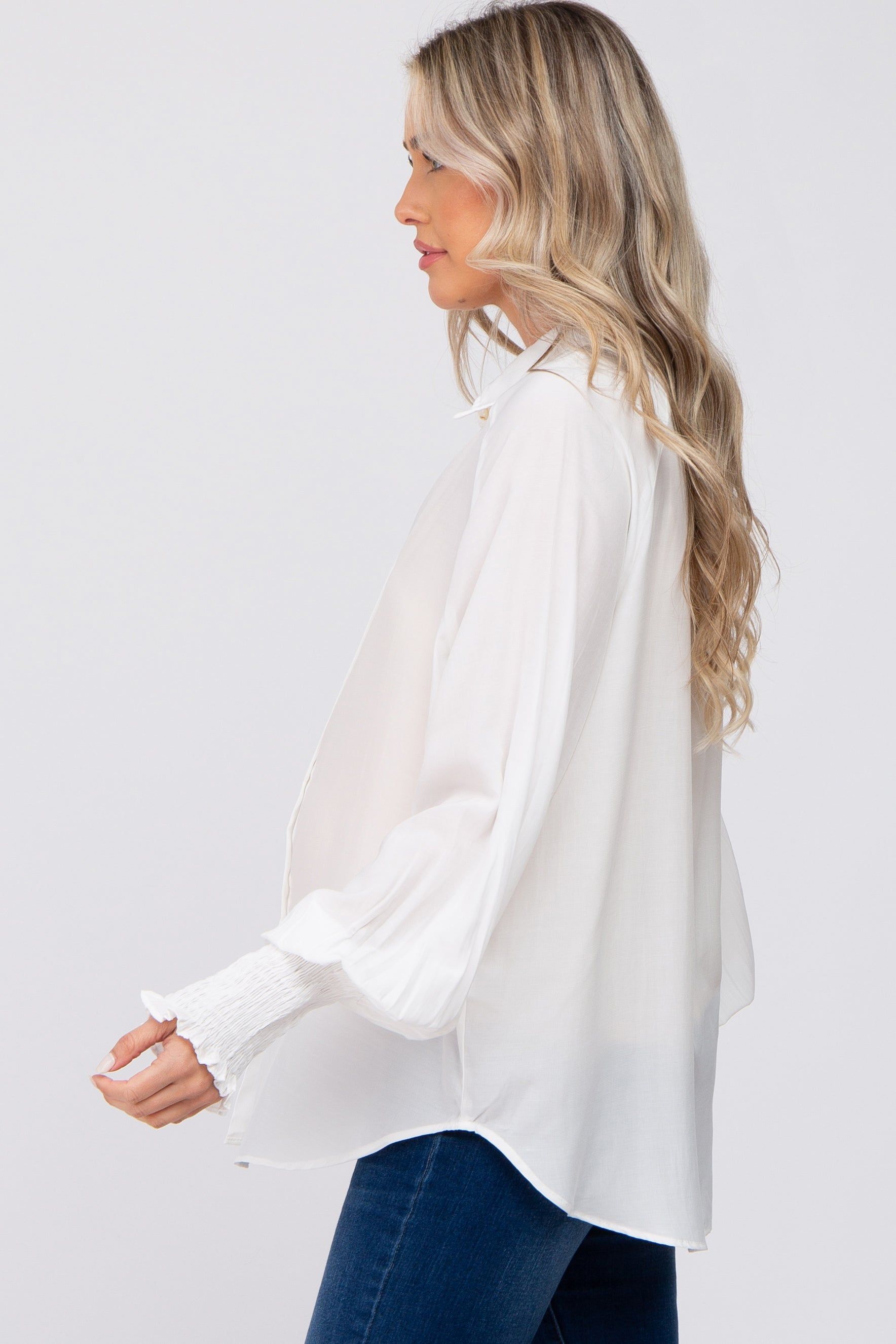 White Button Up Smocked Sleeve Maternity Top sold by Pinkblush product image thumbnail 2