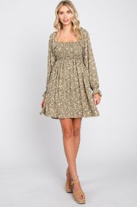 Light Olive Floral Smocked Lace Up Back Dress sold by Pinkblush