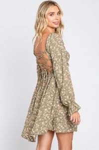 Light Olive Floral Smocked Lace Up Back Dress sold by Pinkblush
