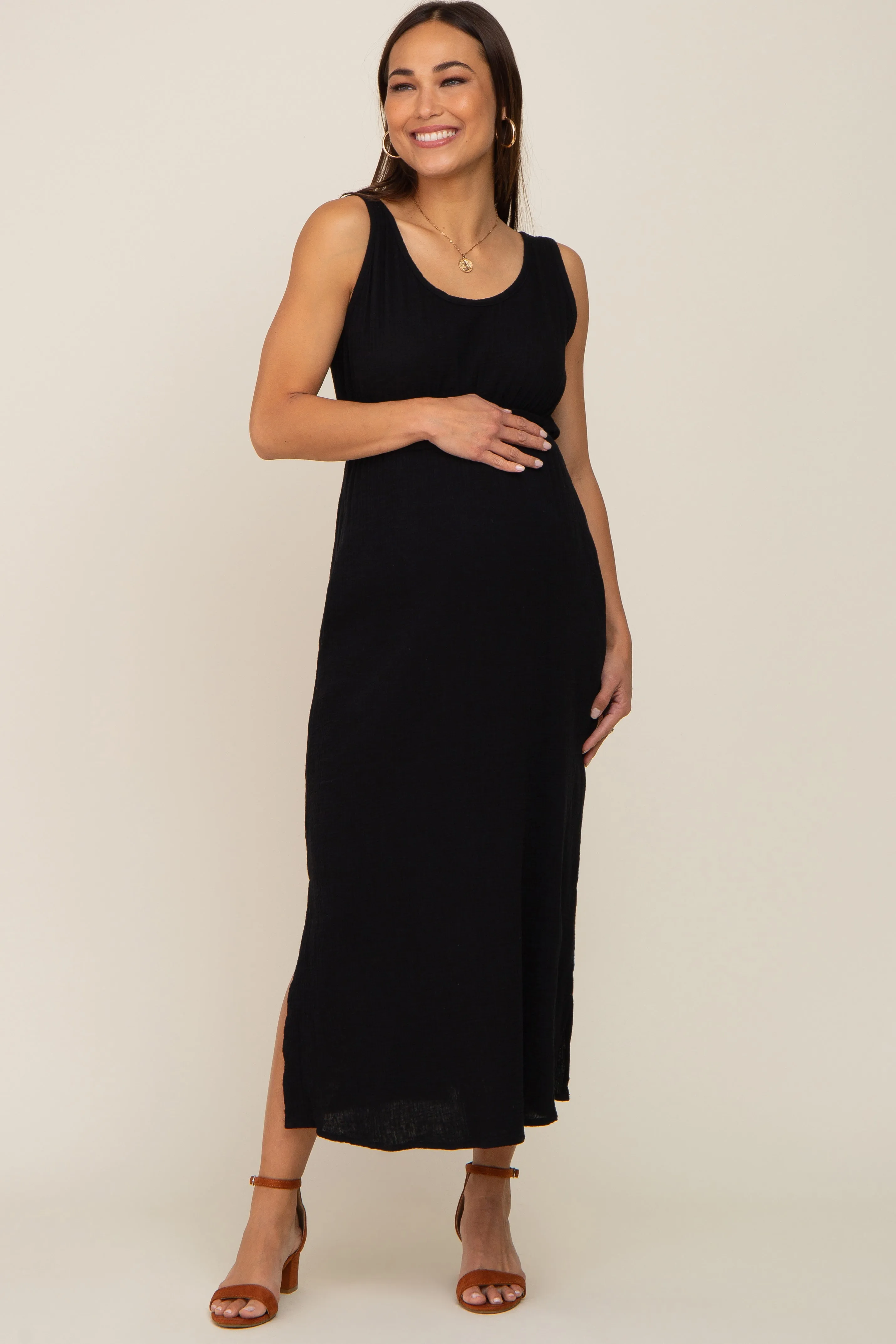 Black Lightweight Sleeveless Open Back Maternity Maxi Dress sold by Pinkblush product image thumbnail 4