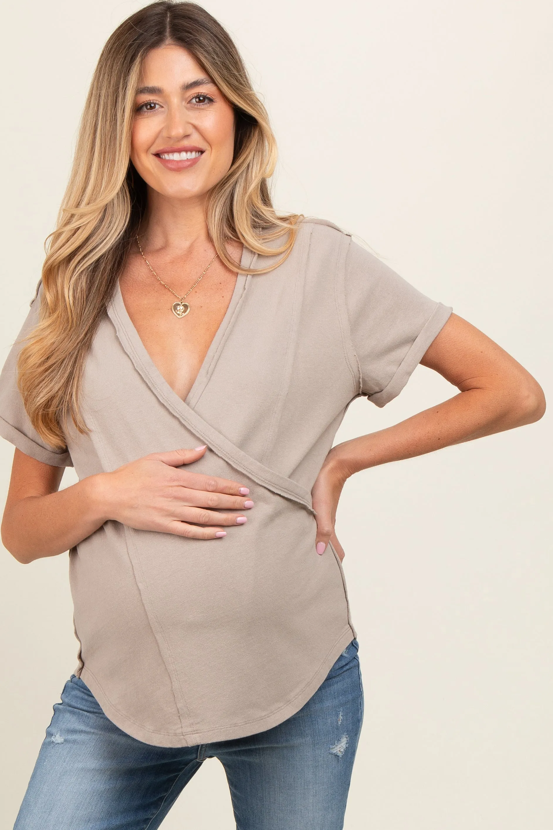 Taupe Wrap Short Sleeve Raw Hem Maternity Top sold by Pinkblush product image thumbnail 2