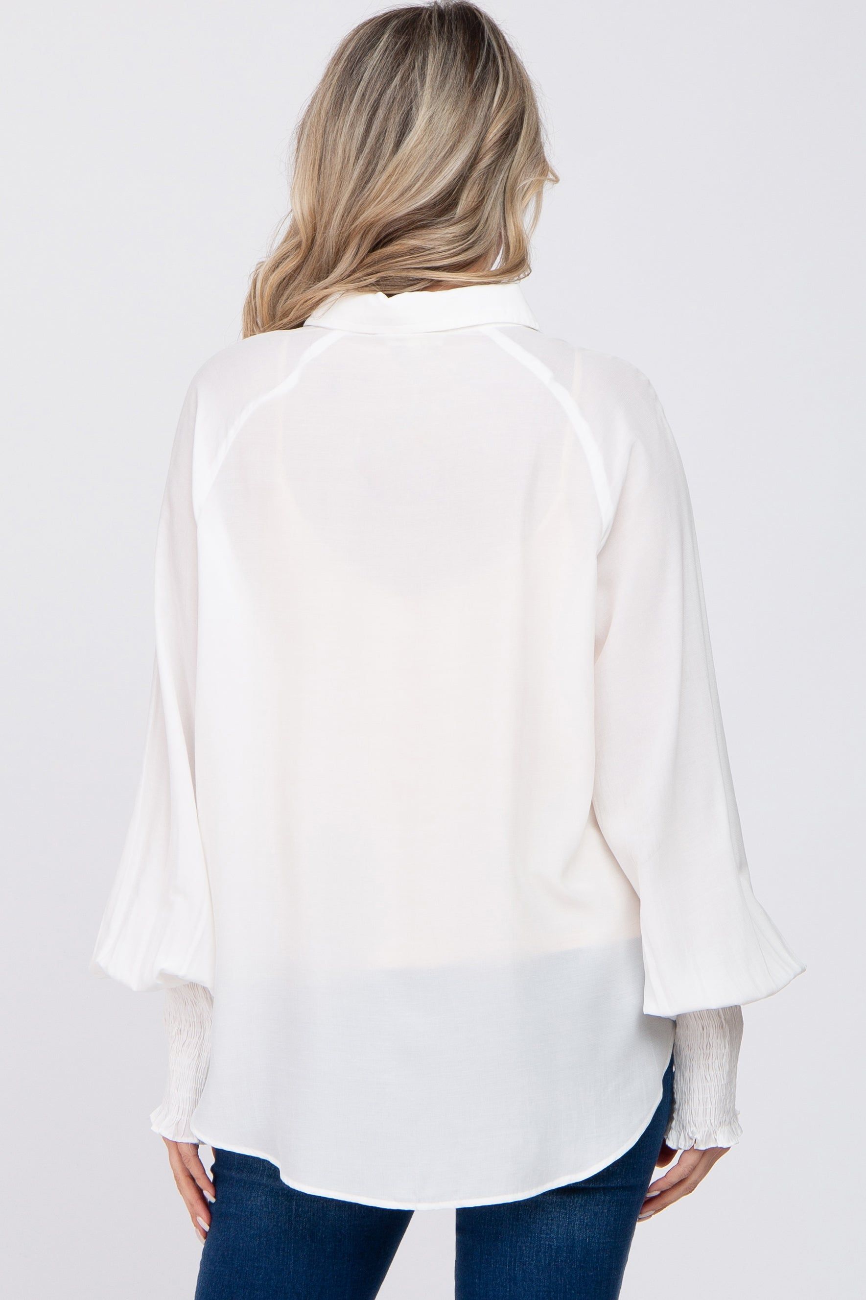 White Button Up Smocked Sleeve Maternity Top sold by Pinkblush product image thumbnail 3