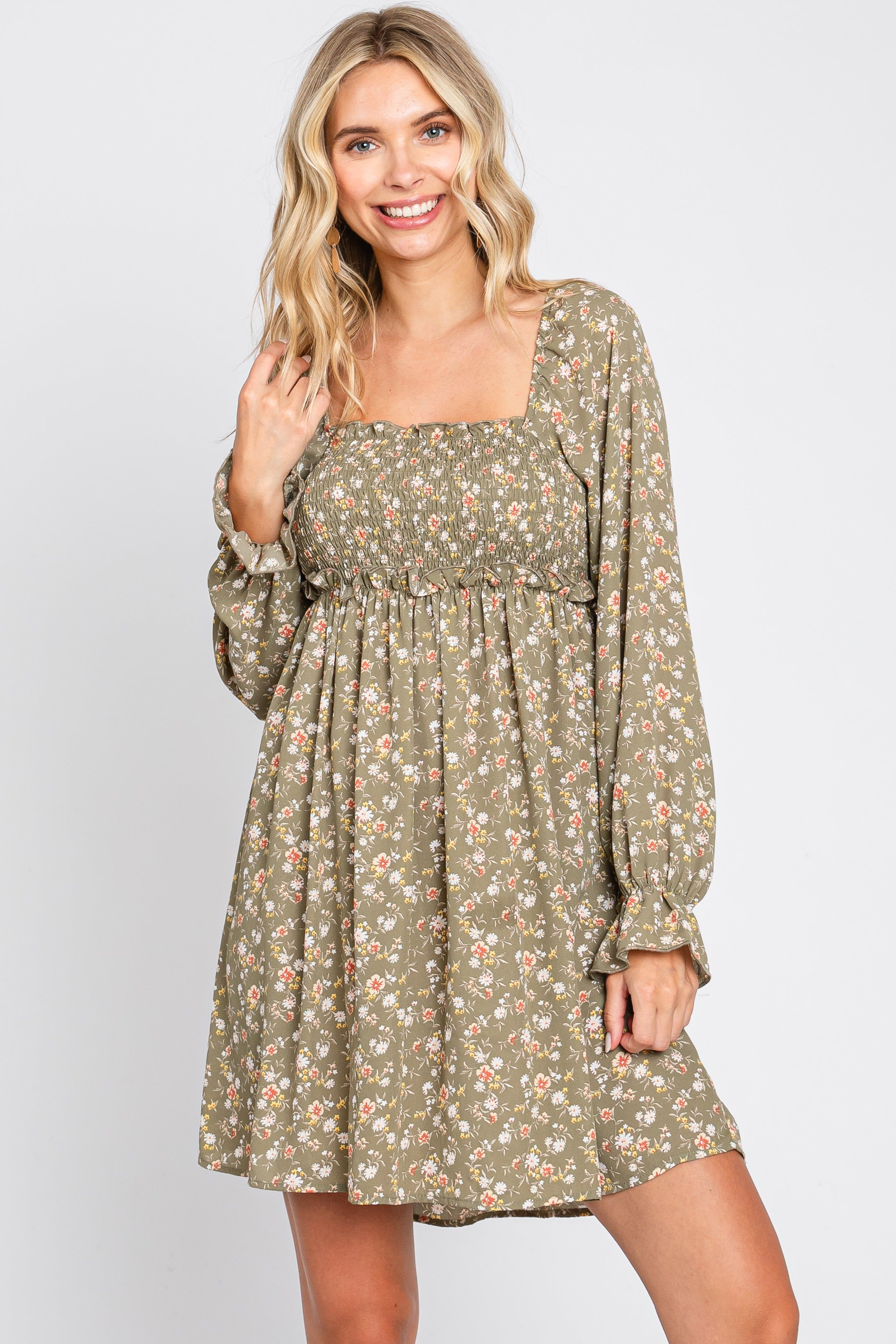 Light Olive Floral Smocked Lace Up Back Dress sold by Pinkblush product image thumbnail 2