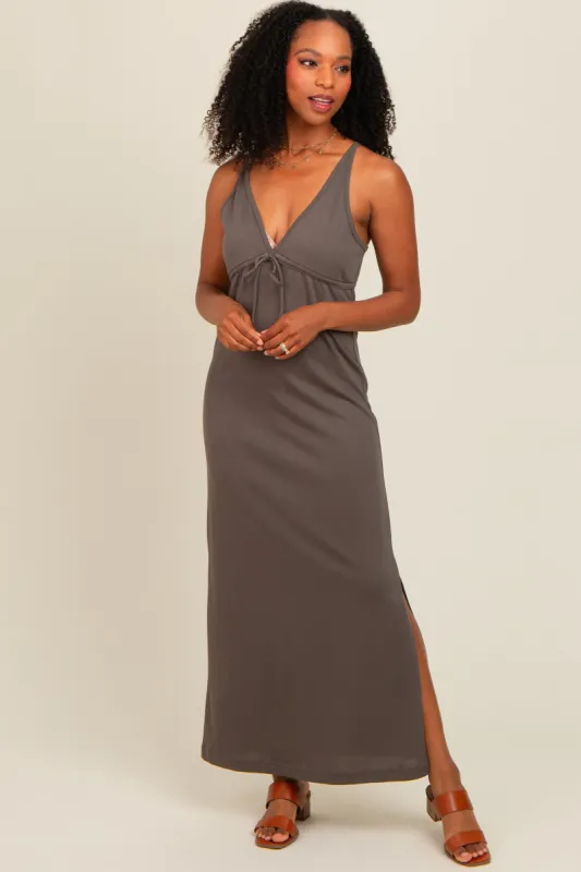 Charcoal V-Neck Side Slit Maxi Dress sold by Pinkblush