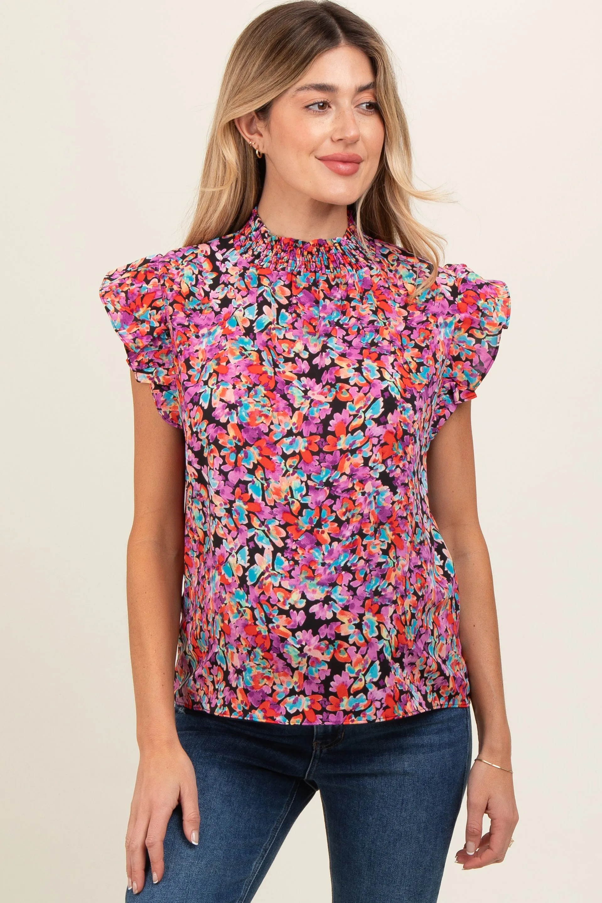 Black Floral Smocked Mock Neck Maternity Blouse sold by Pinkblush