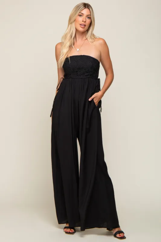 Black Lace Strapless Wide Leg Jumpsuit sold by Pinkblush
