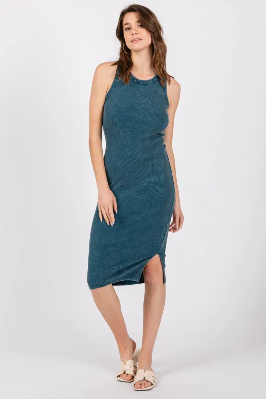 Dark Teal Acid Wash Ribbed Sleeveless Midi Dress sold by Pinkblush