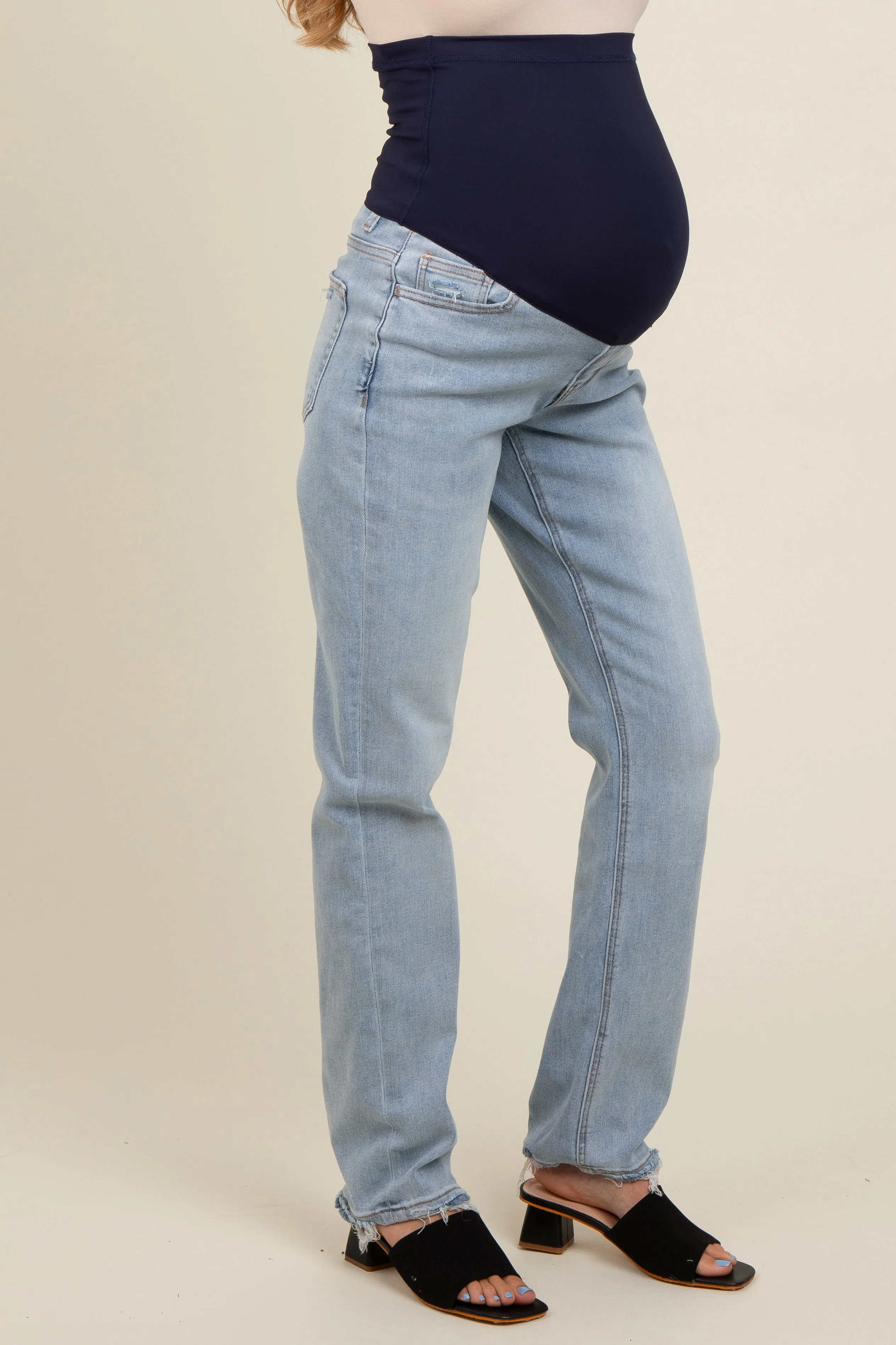 Light Blue Distressed Hem Straight Leg Maternity Jeans sold by Pinkblush product image thumbnail 3