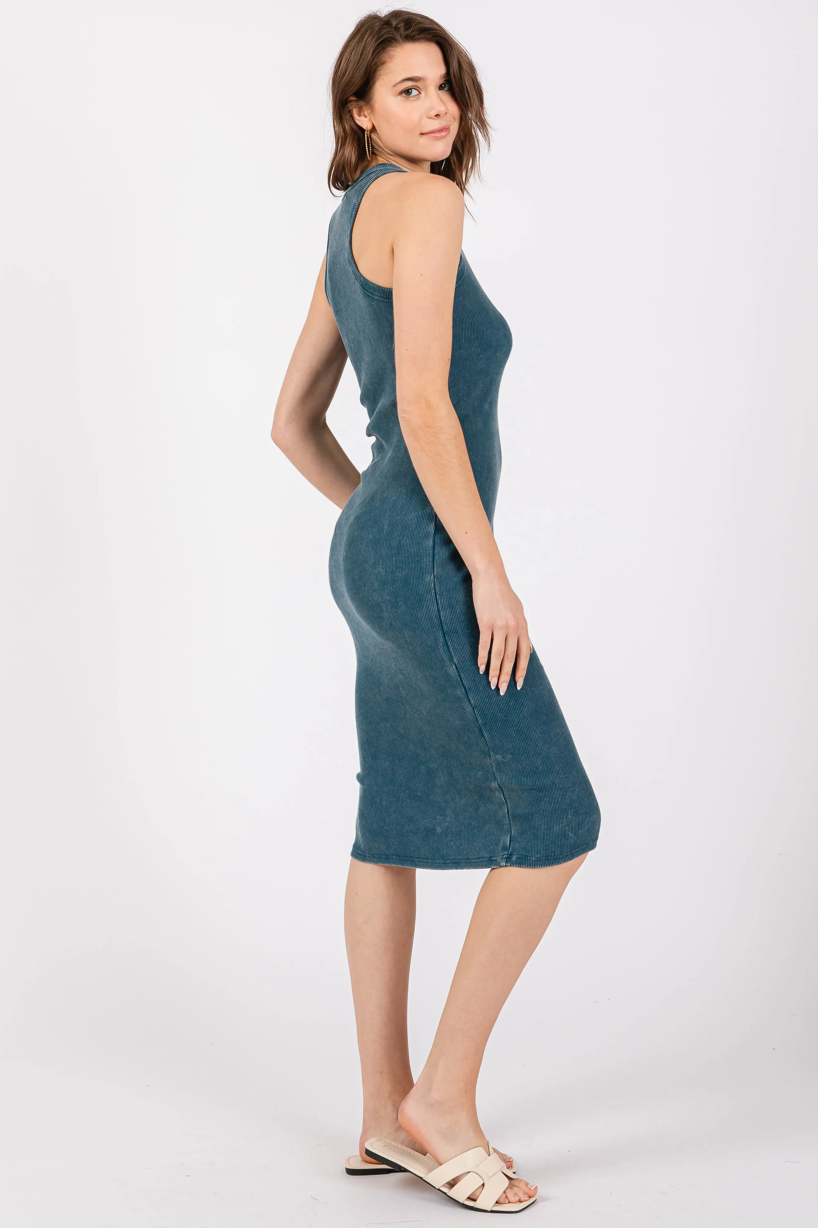 Dark Teal Acid Wash Ribbed Sleeveless Midi Dress sold by Pinkblush product image thumbnail 2