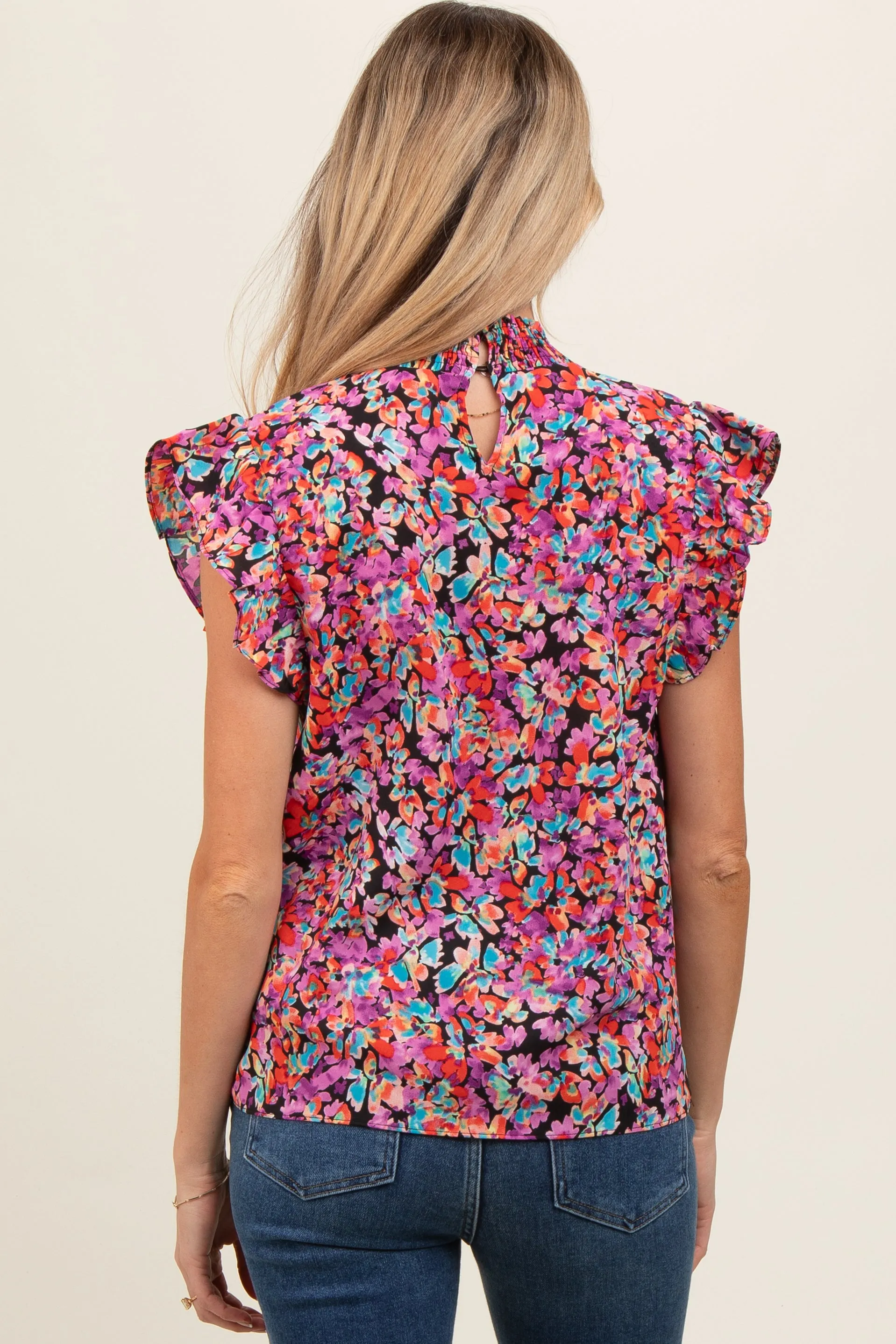 Black Floral Smocked Mock Neck Maternity Blouse sold by Pinkblush product image thumbnail 3