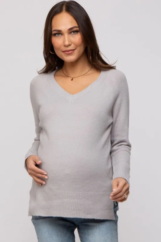 Grey V-Neck Basic Maternity Sweater sold by Pinkblush