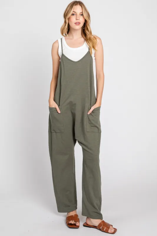 Olive Knit Front Pocket Overall sold by Pinkblush