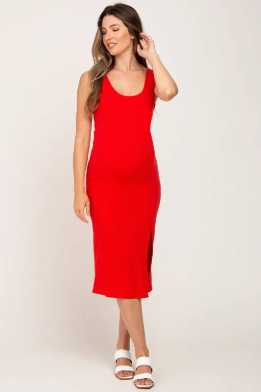 Red Ribbed Back Cutout Maternity Midi Dress sold by Pinkblush