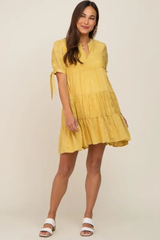 Yellow Textured Stripe V-Neck Tiered Maternity Dress sold by Pinkblush