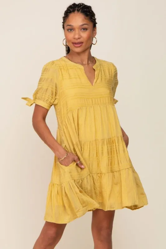 Yellow Textured Stripe V-Neck Tiered Dress sold by Pinkblush