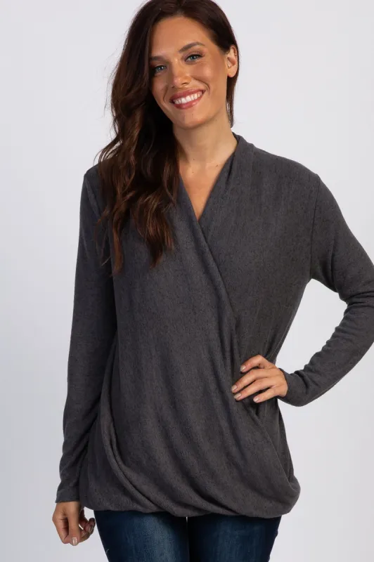 PinkBlush Charcoal Grey Knit Draped Wrap V-Neck Nursing Top sold by Pinkblush