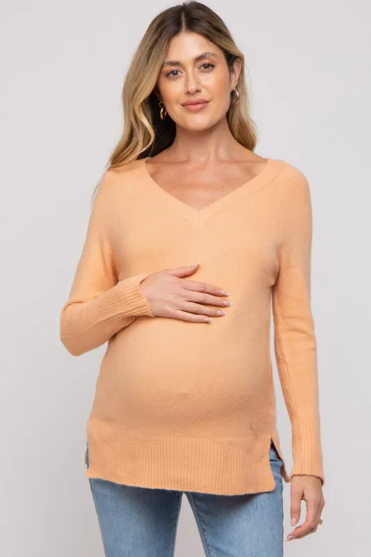 Peach V-Neck Basic Maternity Sweater sold by Pinkblush