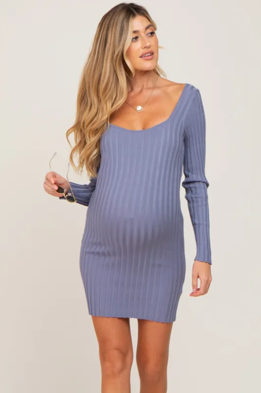 Blue Ribbed Fitted Maternity Mini Dress sold by Pinkblush