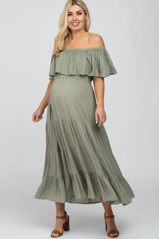 Light Olive Off Shoulder Tiered Maternity Maxi Dress sold by Pinkblush