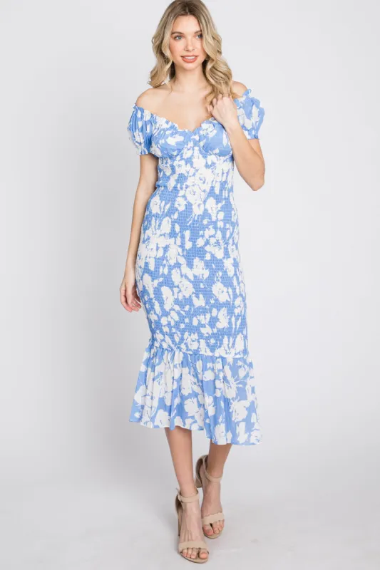 Blue Floral Smocked Off Shoulder Fitted Dress sold by Pinkblush