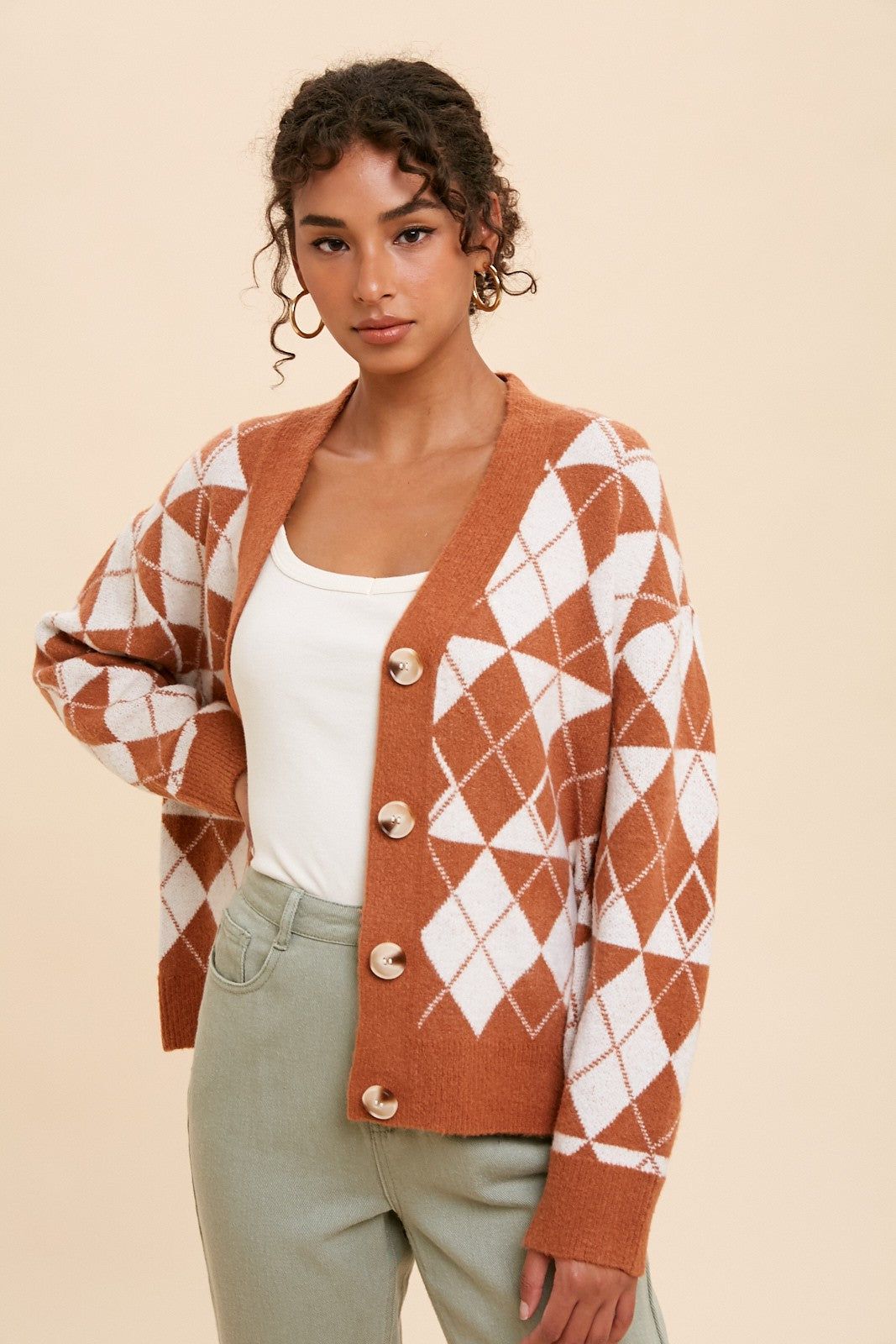 Camel Argyle Button Front Maternity Cardigan sold by Pinkblush product image thumbnail 5