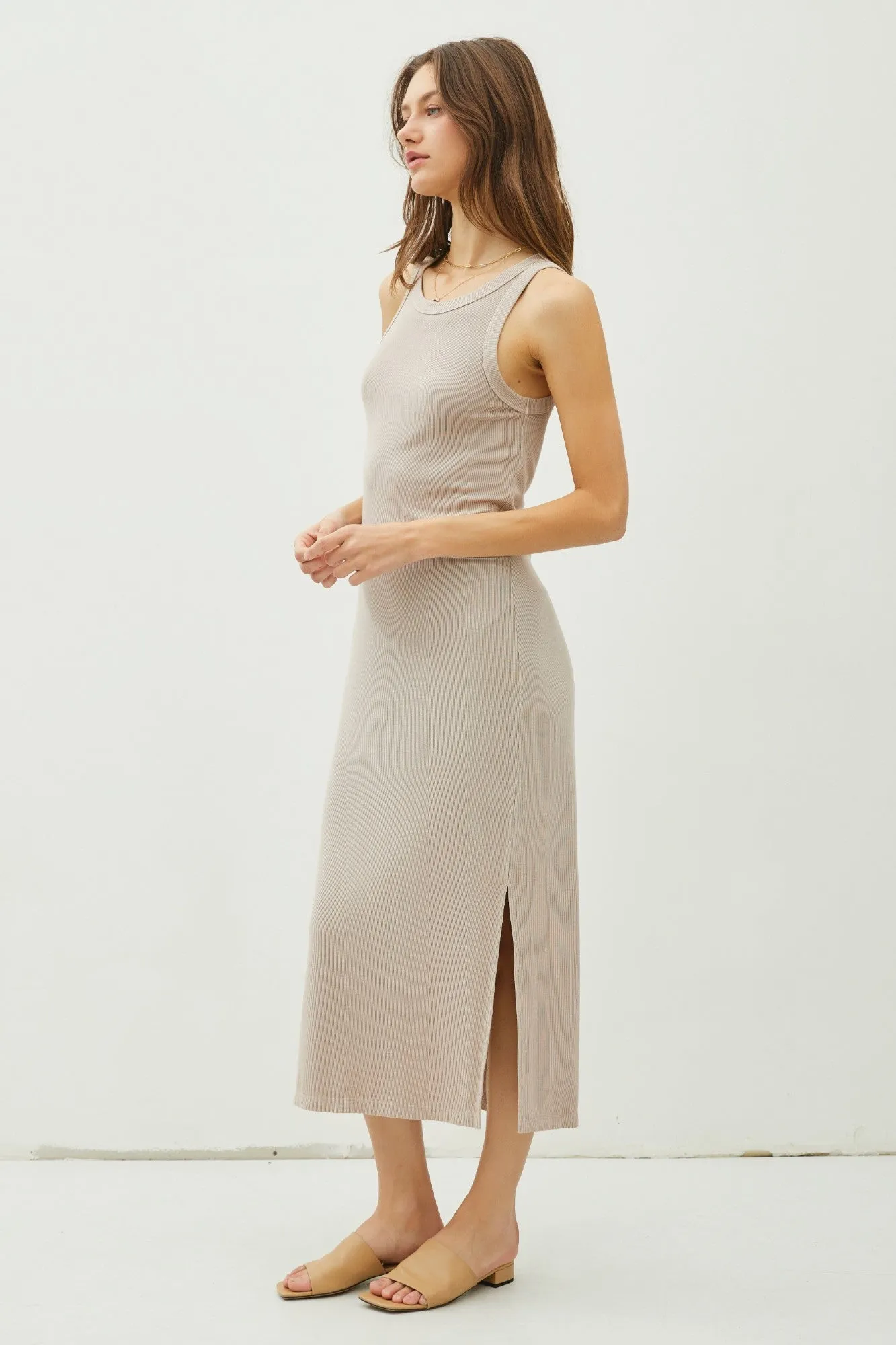 Taupe Ribbed Knit Side Slit Sleeveless Dress sold by Pinkblush product image thumbnail 2