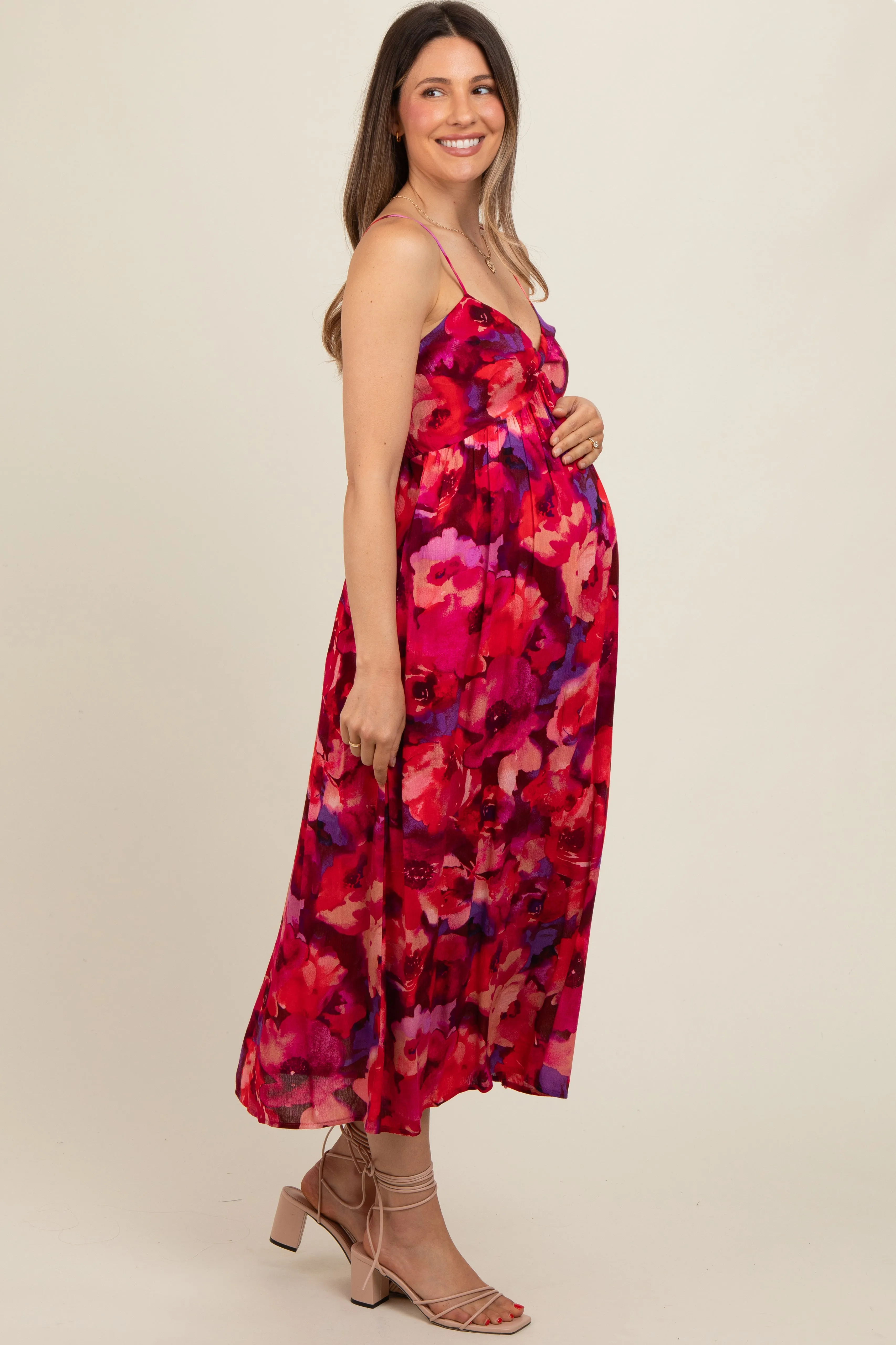 Red Sleeveless Front Twist Back Smocking Maternity Midi Dress sold by Pinkblush product image thumbnail 3