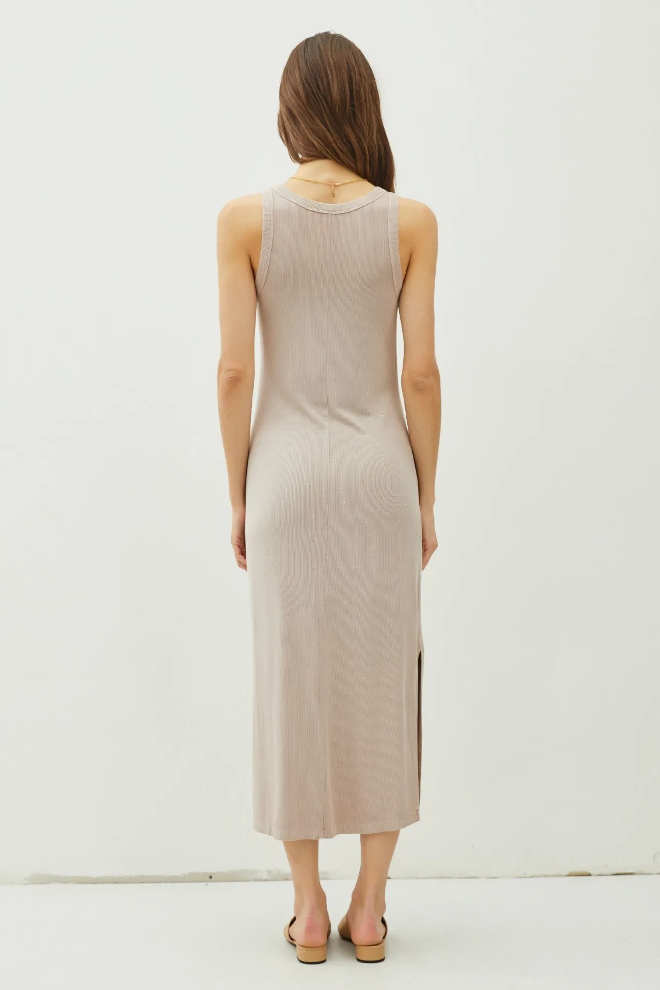 Taupe Ribbed Knit Side Slit Sleeveless Dress sold by Pinkblush product image thumbnail 3