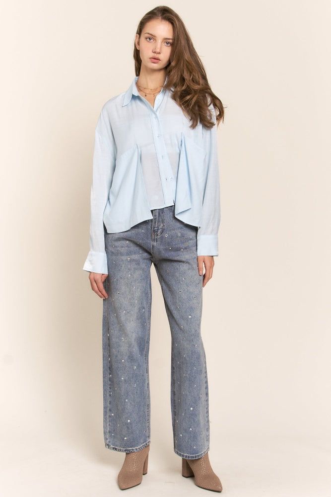 Sky Blue Long Sleeve Button Up Top With Two Large Pockets sold by Pinkblush product image thumbnail 4