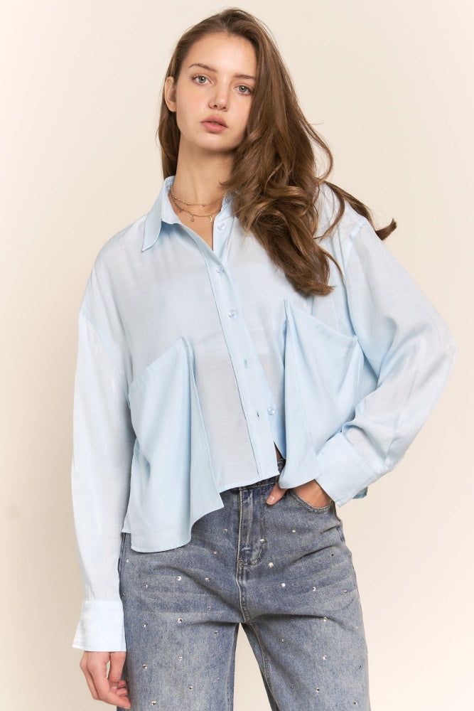 Sky Blue Long Sleeve Button Up Top With Two Large Pockets sold by Pinkblush