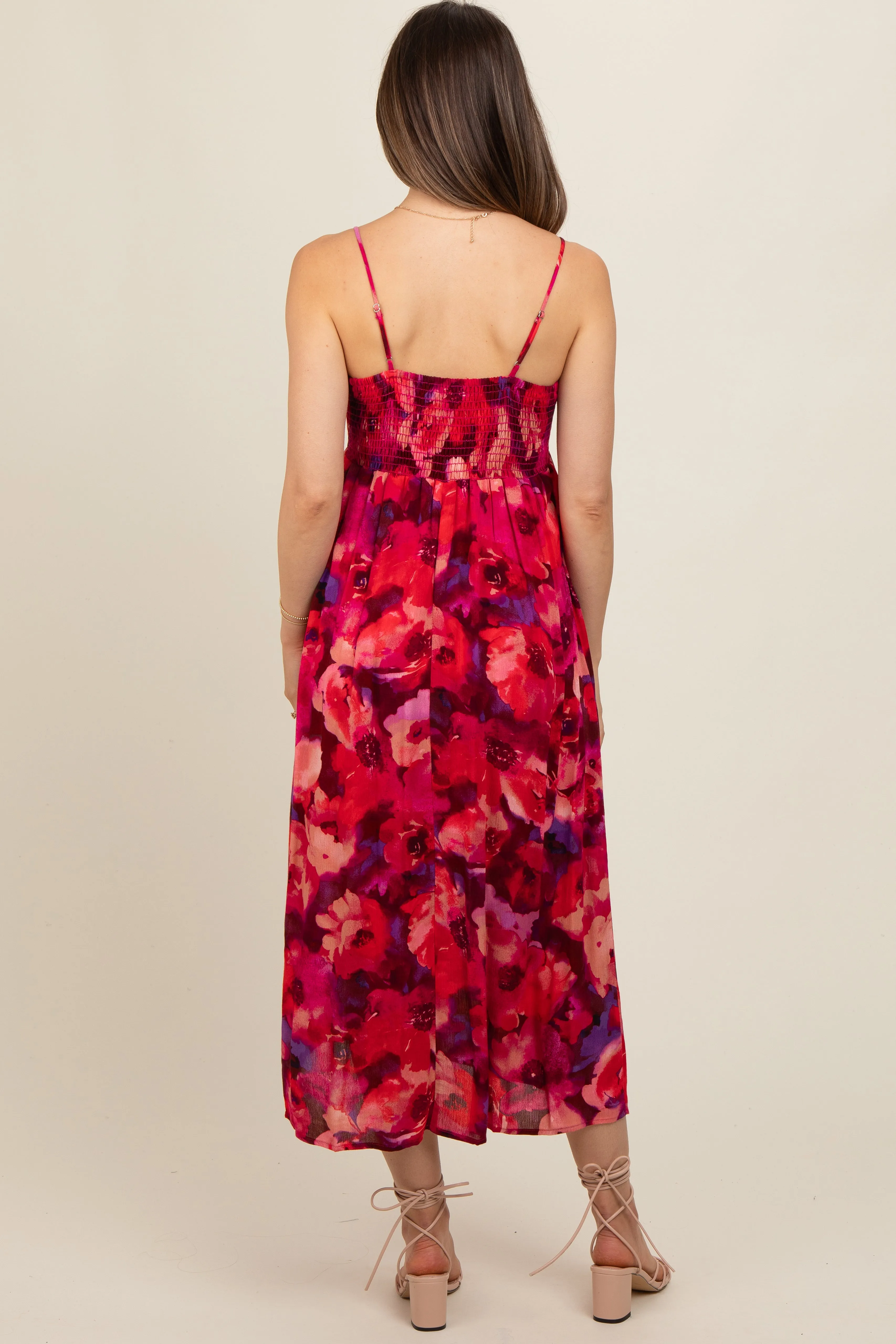 Red Sleeveless Front Twist Back Smocking Maternity Midi Dress sold by Pinkblush product image thumbnail 4