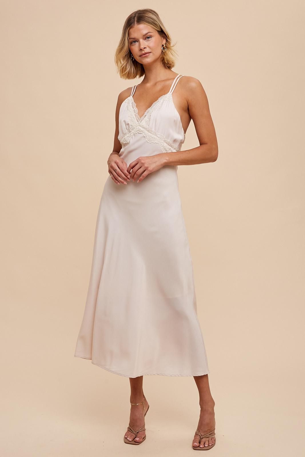 Ivory Matte Satin Lace Slip Dress sold by Pinkblush