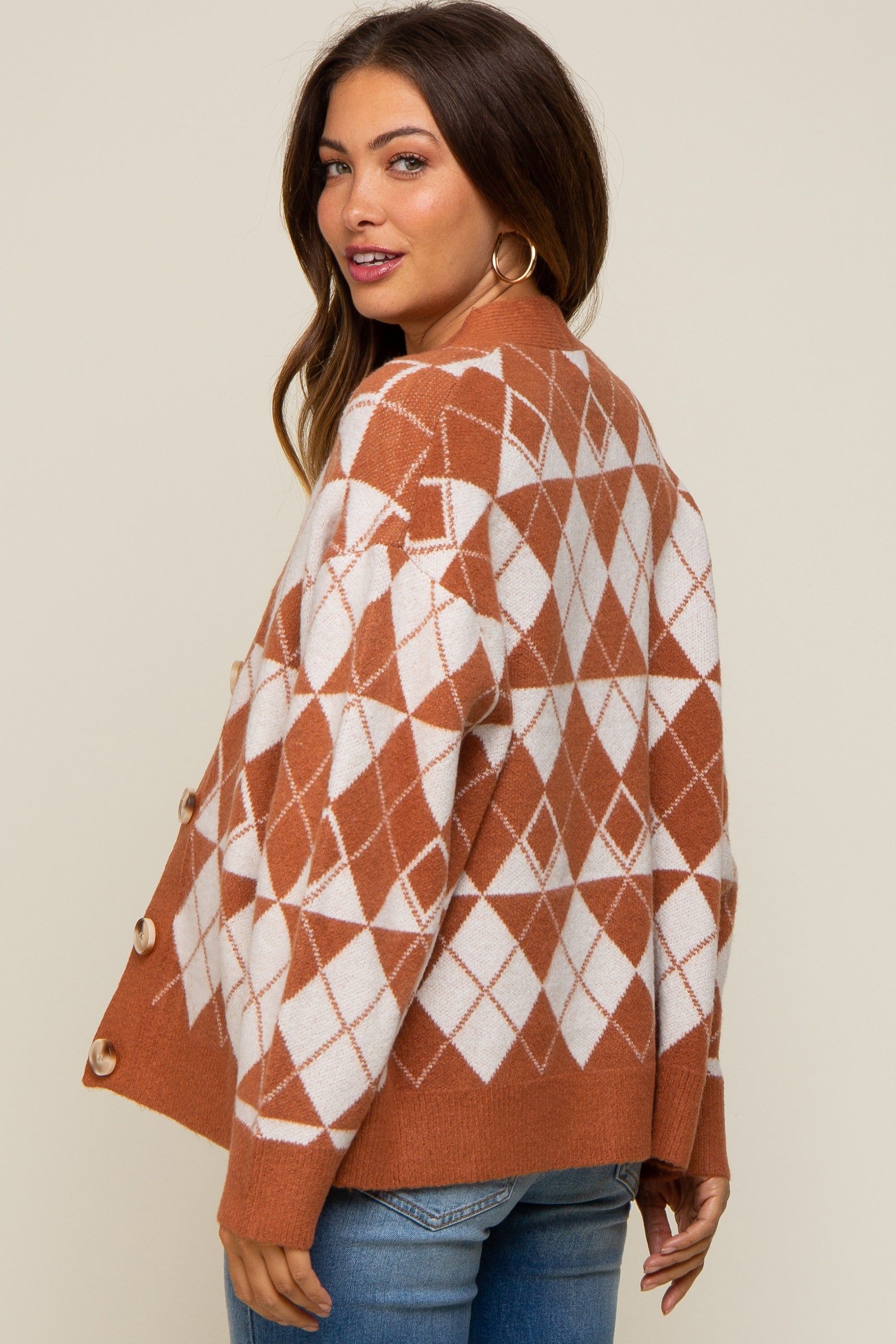 Camel Argyle Button Front Maternity Cardigan sold by Pinkblush product image thumbnail 4