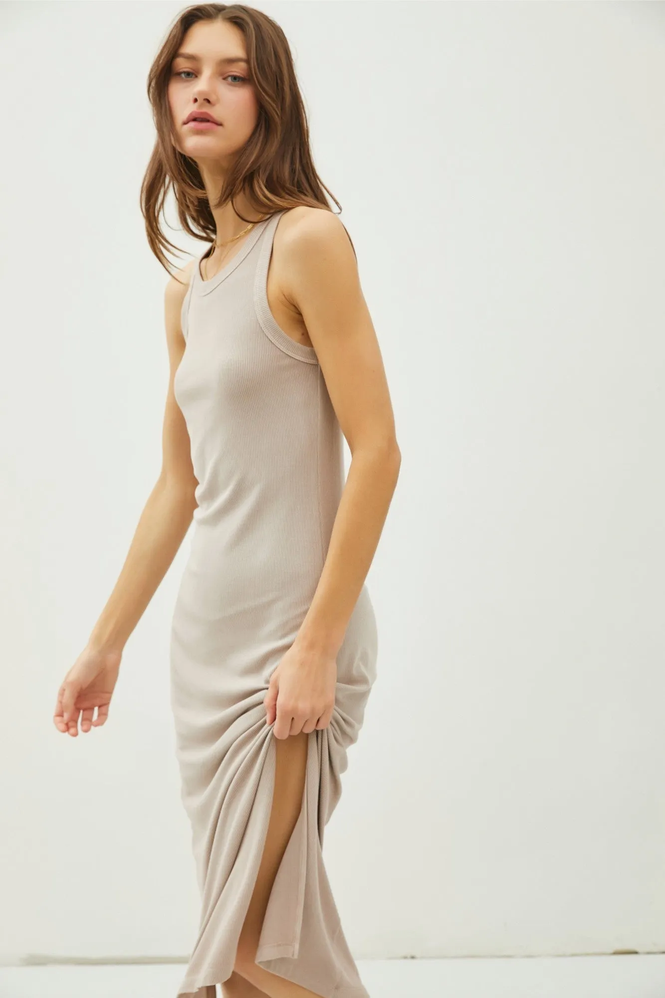 Taupe Ribbed Knit Side Slit Sleeveless Dress sold by Pinkblush product image thumbnail 4
