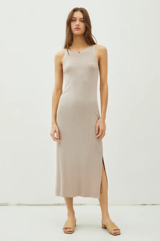 Taupe Ribbed Knit Side Slit Sleeveless Dress sold by Pinkblush