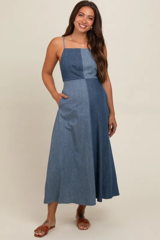 Blue Contrast Denim Maternity Maxi Dress sold by Pinkblush