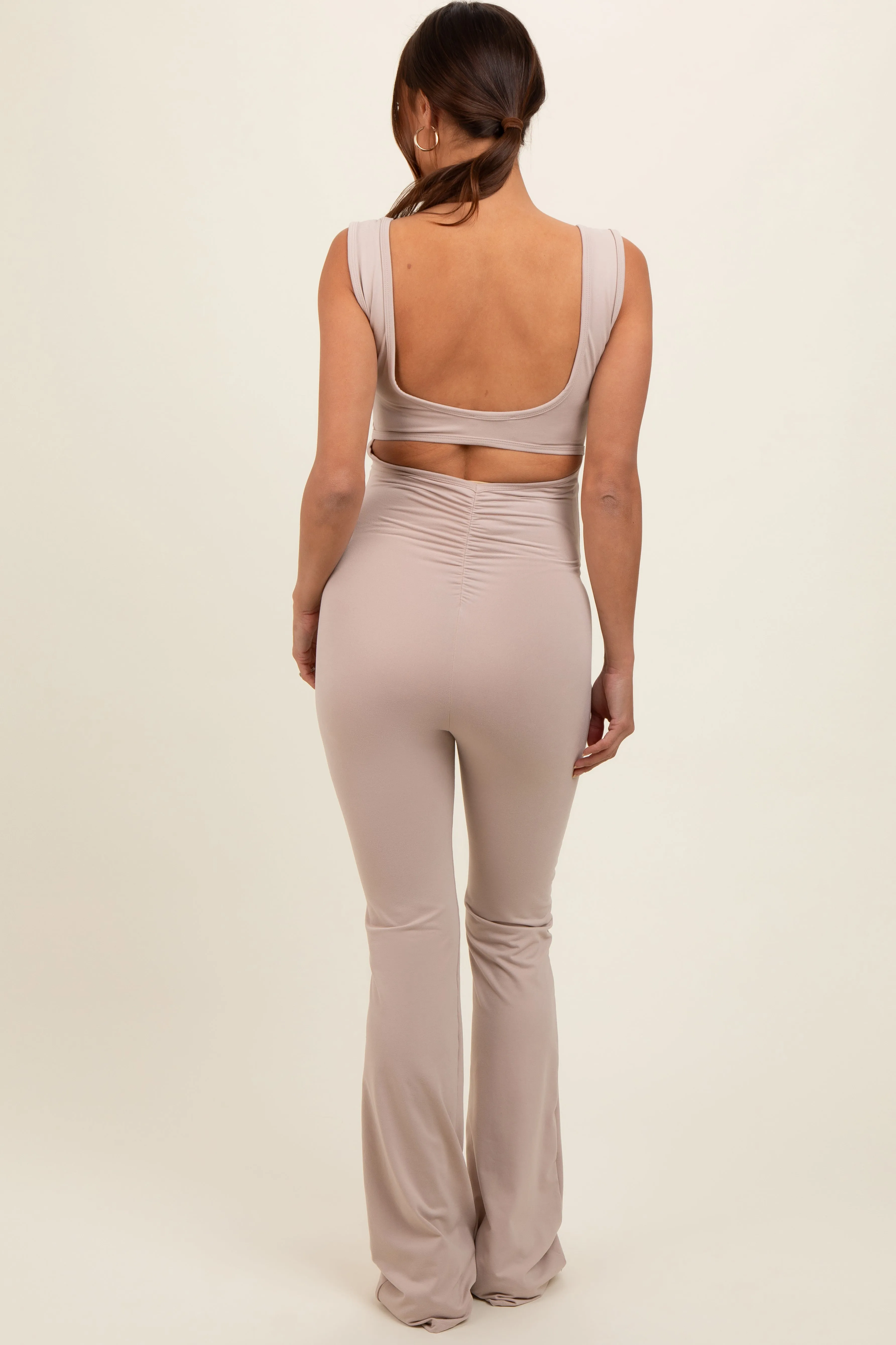 Beige Open Back Ruched Sleeveless Maternity Jumpsuit sold by Pinkblush product image thumbnail 4