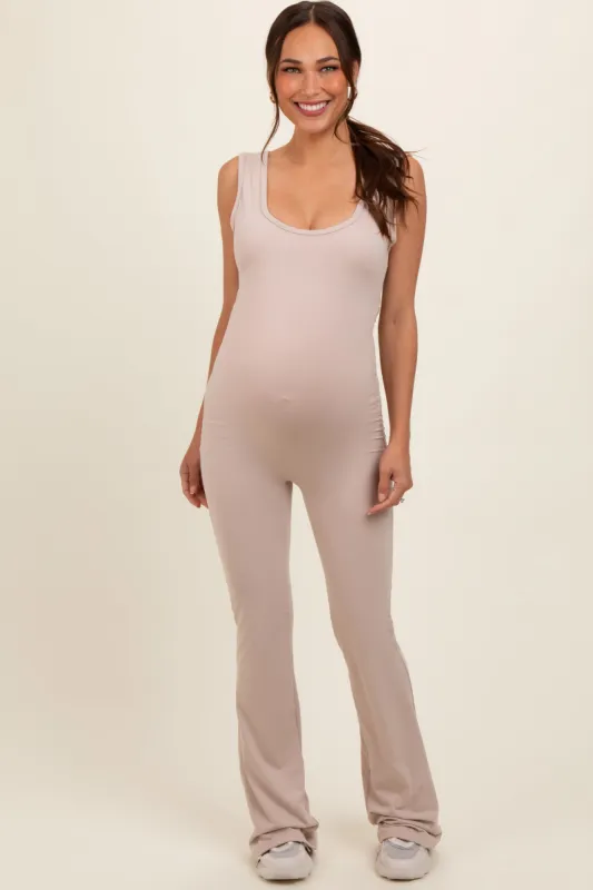 Beige Open Back Ruched Sleeveless Maternity Jumpsuit sold by Pinkblush