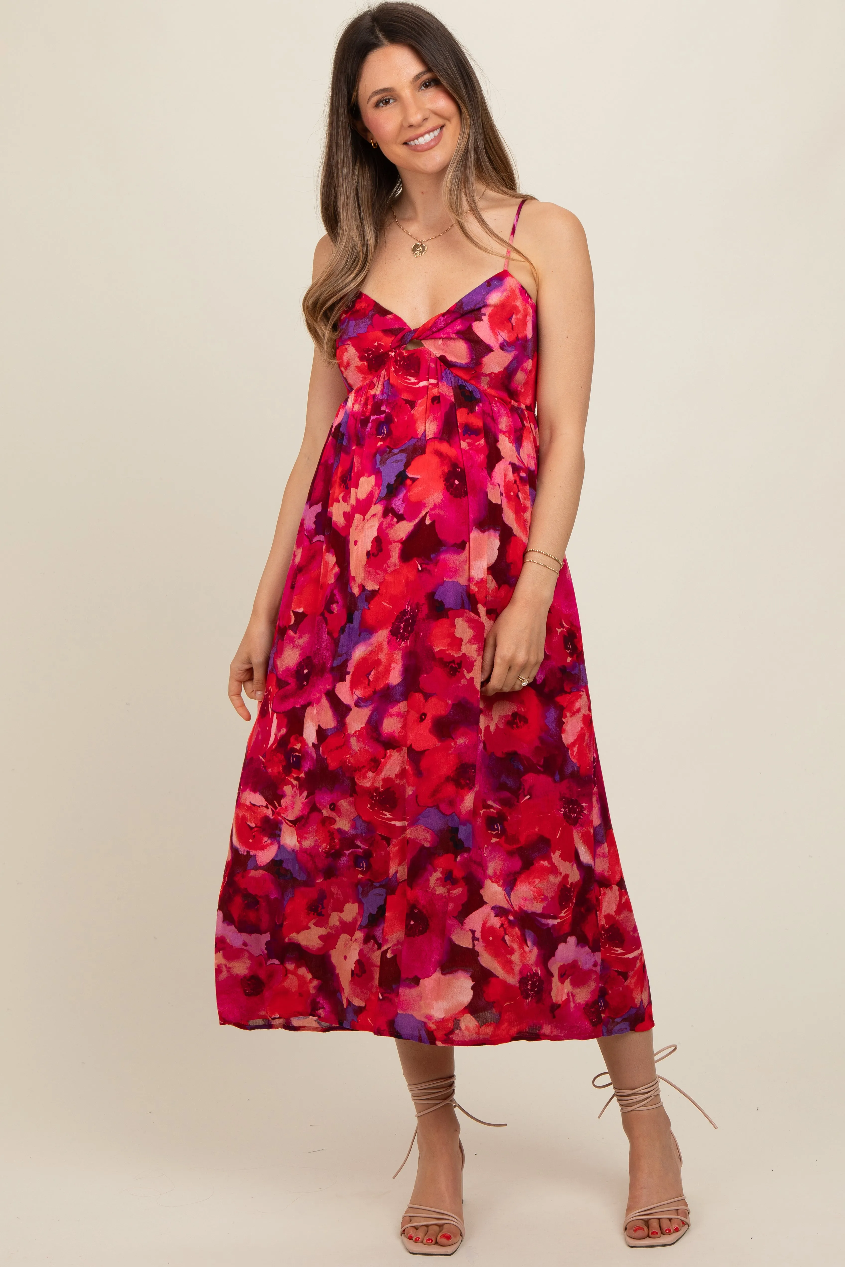 Red Sleeveless Front Twist Back Smocking Maternity Midi Dress sold by Pinkblush product image thumbnail 2