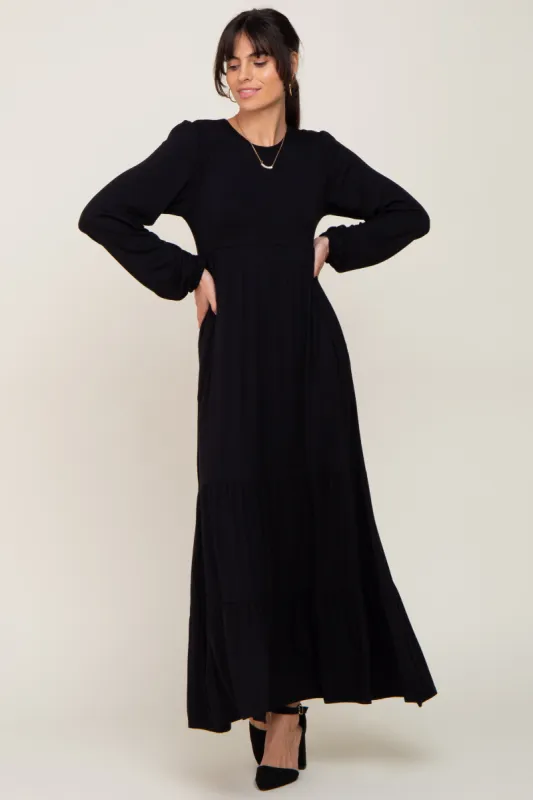Black Long Sleeve Tiered Maxi Dress sold by Pinkblush