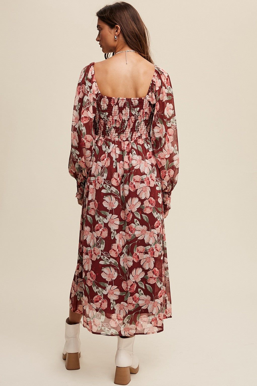 Magenta Floral Print Smocked Square Neck Maxi Dress sold by Pinkblush product image thumbnail 4