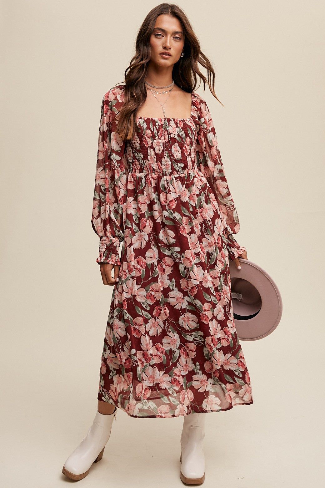 Magenta Floral Print Smocked Square Neck Maxi Dress sold by Pinkblush